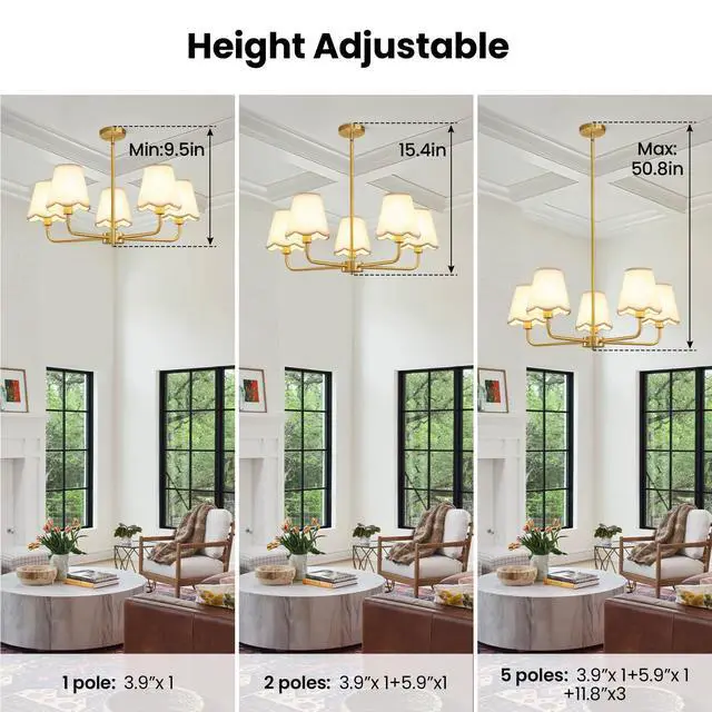 Alt view image 4 of 7 - Modern Gold Chandelier 5-Light Farmhouse Chandelier for Dining Room Industrial Dining Kitchen Light Fixture Over Table Ceiling Chandelier for Bedroom Living Room Foyer Entryway