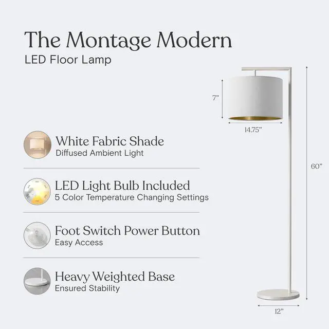 Alt view image 4 of 7 - Montage Modern Floor Lamp - LED Standing Lamp with Adjustable Color Changing Bulbs for Living Rooms & Offices - Tall Corner Bedroom Reading Light for Contemporary Home Decor - Cream and Gold