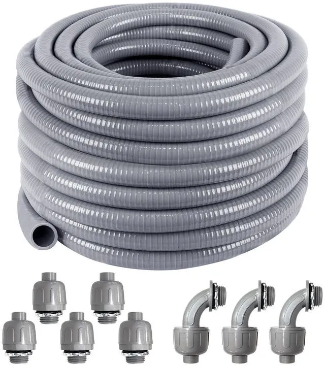 Main image of Liquid-Tight Conduit 100 ft and 8 Pieces of Connector Kit Electrical Conduit 3/4 100ft UL Certification,Flexible Conduit with 5 Straight and 5 90-Degree Conduit Connector Fittings