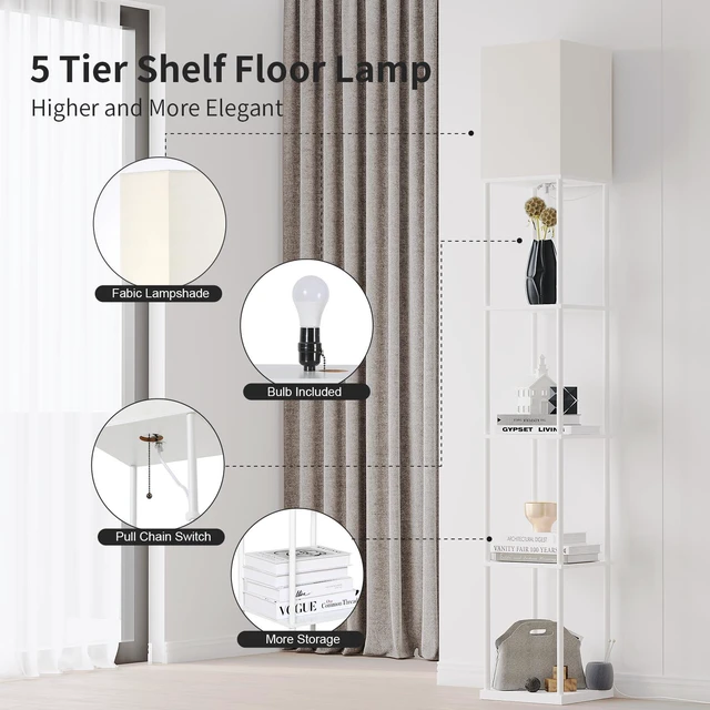 Alt view image 4 of 7 - 5 Tier Floor Lamp with Shelves, Standing Lamps for Living Room 3 CCT LED Bulb Include, 70" Tall Corner Shelf Lamp, Display Bookshelf, Modern Style for Bedroom, Office, Home Decor