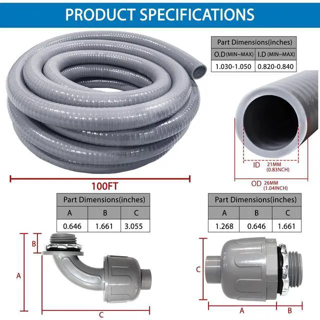 Alt view image 2 of 7 - Liquid-Tight Conduit 100 ft and 8 Pieces of Connector Kit Electrical Conduit 3/4 100ft UL Certification,Flexible Conduit with 5 Straight and 5 90-Degree Conduit Connector Fittings