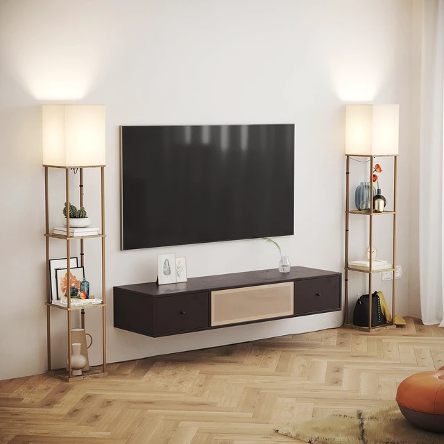 Alt view image 4 of 7 - Floor Lamp with Shelves, Modern Square Shelf Lamps, Display Shelf Standing Lamp with 3 Color Temperature Bulb, Corner Bookshelf Lamps for Living Room and Bedroom Office, Home Decor