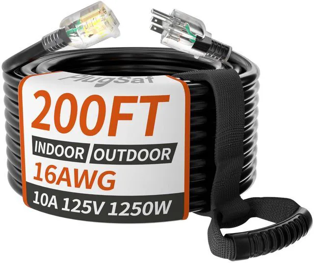Main image of 16AWG 200 ft Black Extension Cord Outdoor, Long Extension Cord Outdoor Extension Cord Waterproof, Flame Retardant, 3 Prong Electric Cord for Lawn Office,10A 1250W 16/3 SJTW, ETL Listed