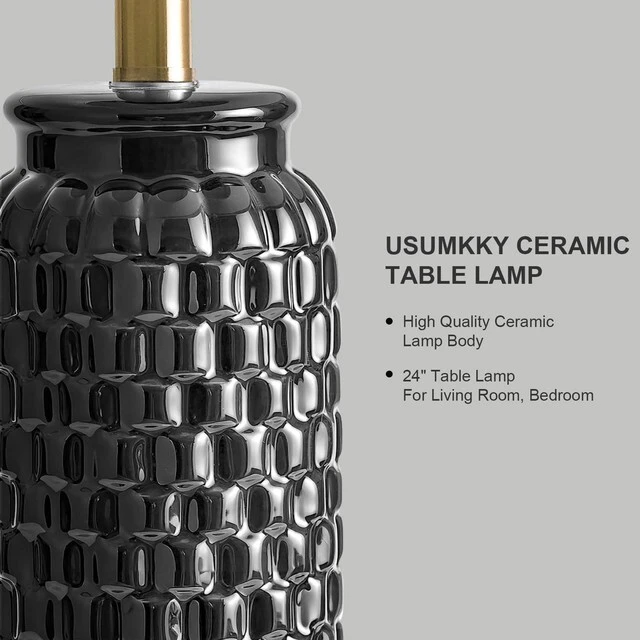 Alt view image 2 of 7 - 24" Modern Ceramic Black Bedside Lamp Set of 2 Table Lamp for Bedroom Decor Farmhouse Table Lamp for Living Room Office Dorm