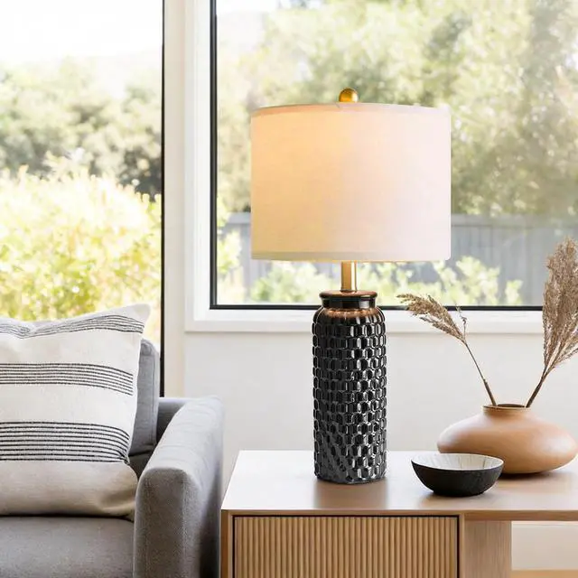 Alt view image 3 of 7 - 24" Modern Ceramic Black Bedside Lamp Set of 2 Table Lamp for Bedroom Decor Farmhouse Table Lamp for Living Room Office Dorm