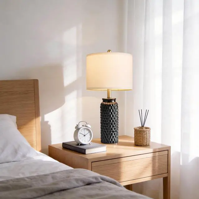 Alt view image 4 of 7 - 24" Modern Ceramic Black Bedside Lamp Set of 2 Table Lamp for Bedroom Decor Farmhouse Table Lamp for Living Room Office Dorm