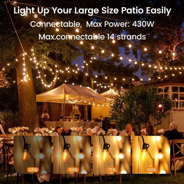 Alt view image 6 of 6 - Outdoor String Lights, 150FT Patio Lights with 70+2 Dimmable Plastic LED G40 Bulbs, 2200K Waterproof Connectable Hanging String for Backyard Cafe Porch Deck E12 Base