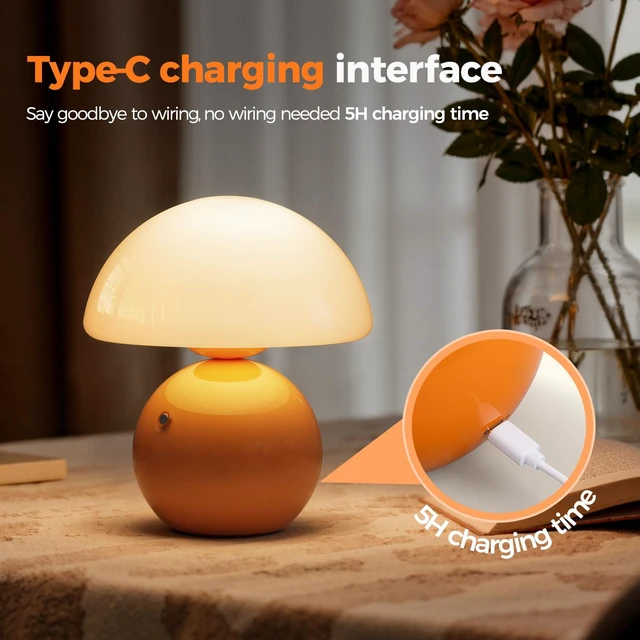 Alt view image 4 of 7 - Mushroom Lamp Table Lamp for Bedroom, Portables Cordless Table Lamps Set of 2,Wireless lamp,Bedside Tables Touch for Living Room,Mini Mushroom 5200mAh Battery Operated Lamps Modern Orange