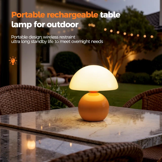 Alt view image 6 of 7 - Mushroom Lamp Table Lamp for Bedroom, Portables Cordless Table Lamps Set of 2,Wireless lamp,Bedside Tables Touch for Living Room,Mini Mushroom 5200mAh Battery Operated Lamps Modern Orange