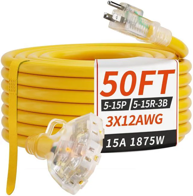 Main image of 50 FT 12 Gauge Yellow Heavy Duty Outdoor Extension Cord Waterproof Extension Cord with Multiple Outlets Light Indicator, 12AWG 3 Outlet, Flexible SJTW, 15A 1875W, ETL Listed, Indoor/Outdoor