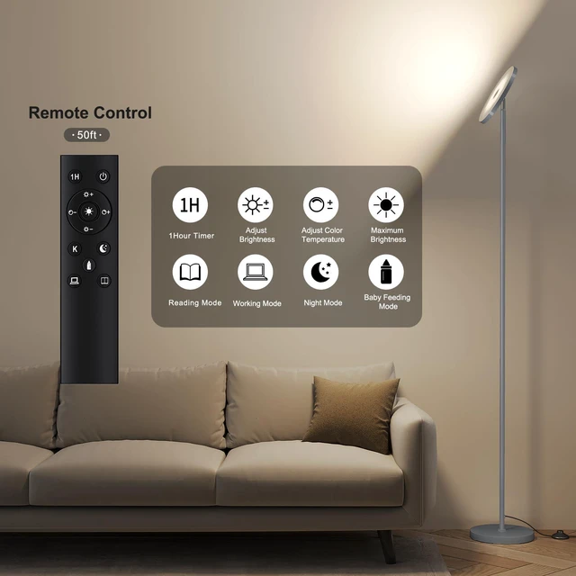 Alt view image 4 of 7 - Floor Lamps for Living RoomLED Standing Lamp with Remote Control 32W/3000LM Super Bright, 69" Tall Floor Lamp with Stepless Dimmable, Modern Torchiere Corner Lamp for Bedroom, Office Grey