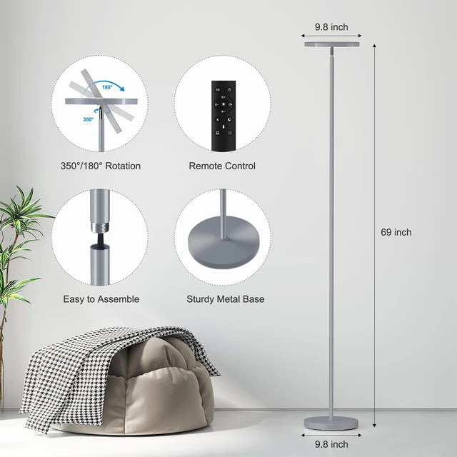 Alt view image 3 of 7 - Floor Lamps for Living RoomLED Standing Lamp with Remote Control 32W/3000LM Super Bright, 69" Tall Floor Lamp with Stepless Dimmable, Modern Torchiere Corner Lamp for Bedroom, Office Grey