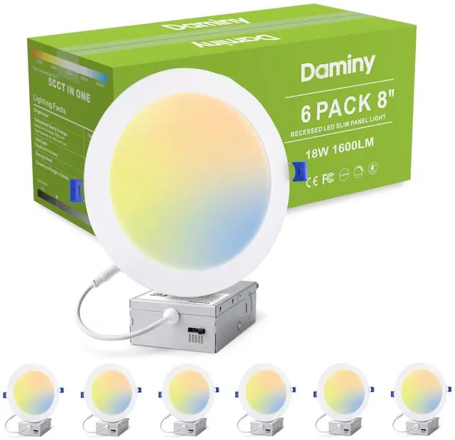 Main image of 6 Pack 8 Inch LED Recessed Lighting, Canless Wafer Downlight, White 5CCT, Ultra-Thin Recessed Light with Junction Box, Dimmable, 18W 1600LM 120V, IC&Damp Rated