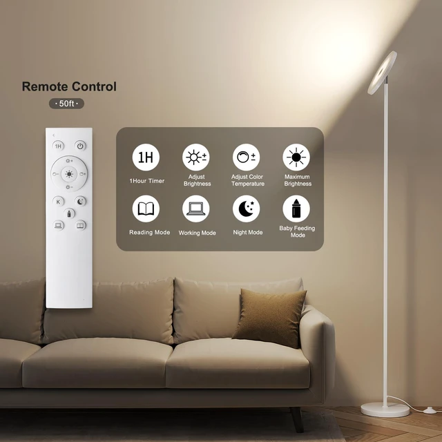 Alt view image 4 of 7 - Floor Lamps for Living RoomLED Standing Lamp with Remote Control 32W/3000LM Super Bright, 69" Tall Floor Lamp with Stepless Dimmable, Modern Torchiere Corner Lamp for Bedroom, Office White