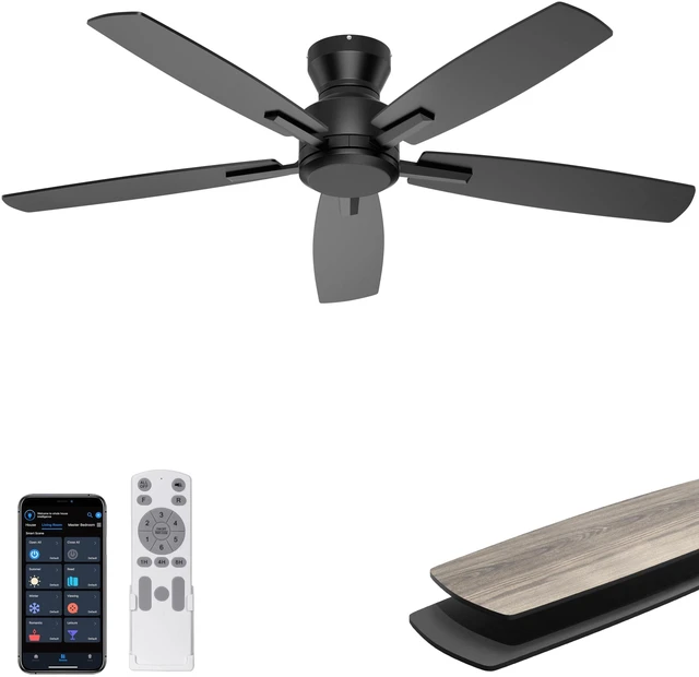 Main image of 52'' Low Profile Ceiling Fan No Light, for Indoor/Covered Outdoor Flush Mount, Remote/APP Control, Quiet Reversible DC Motor, 4580 CFM, for Bedroom Living Room Patio, Black