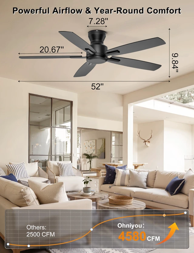 Alt view image 2 of 7 - 52'' Low Profile Ceiling Fan No Light, for Indoor/Covered Outdoor Flush Mount, Remote/APP Control, Quiet Reversible DC Motor, 4580 CFM, for Bedroom Living Room Patio, Black