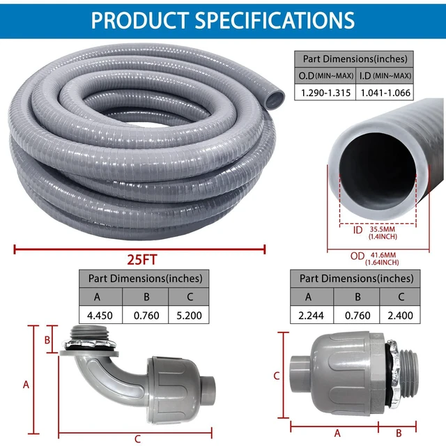 Alt view image 5 of 7 - 1-1/4inch 25FT Electrical Conduit Kit,Liquid-Tight Conduit and Connector Flex Conduit Kit with 4 Straight and 2 Angle Fittings Included,Flexible Non Metallic Conduit(1-1/4" Dia,25 Feet)