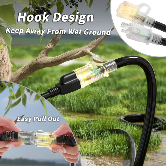 Alt view image 3 of 7 - 16/3 Gauge 150 FT Extension Cord Outdoor, Long Extension Cord Black Black Extension Cord Waterproof with Lighted Indicator, Long Extension Cord 150 Ft with Hook, 10A 1250W SJTW, ETL Listed