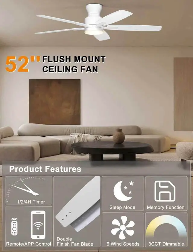 Alt view image 3 of 7 - 52'' Low Profile Ceiling Fan with Lights, Remote/APP Control, White Flush Mount, Dimmable 3CCT LED, Quiet Reversible DC Motor; Memory Function, 4580 CFM, for Indoor Bedroom Living Room Nursery