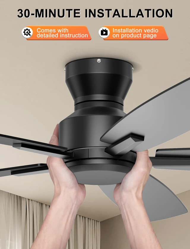 Alt view image 6 of 7 - 52'' Low Profile Ceiling Fan No Light, for Indoor/Covered Outdoor Flush Mount, Remote/APP Control, Quiet Reversible DC Motor, 4580 CFM, for Bedroom Living Room Patio, Black