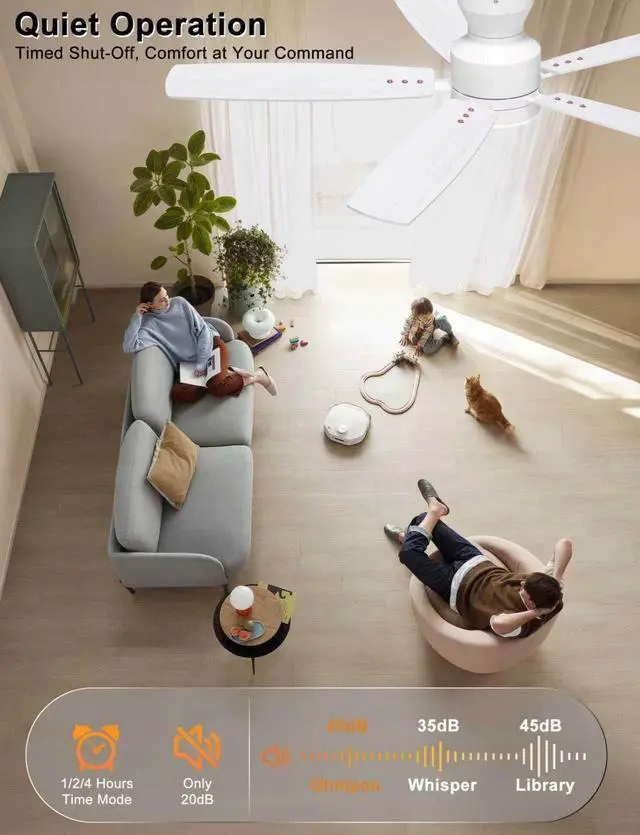 Alt view image 5 of 7 - 52'' Low Profile Ceiling Fan with Lights, Remote/APP Control, White Flush Mount, Dimmable 3CCT LED, Quiet Reversible DC Motor; Memory Function, 4580 CFM, for Indoor Bedroom Living Room Nursery