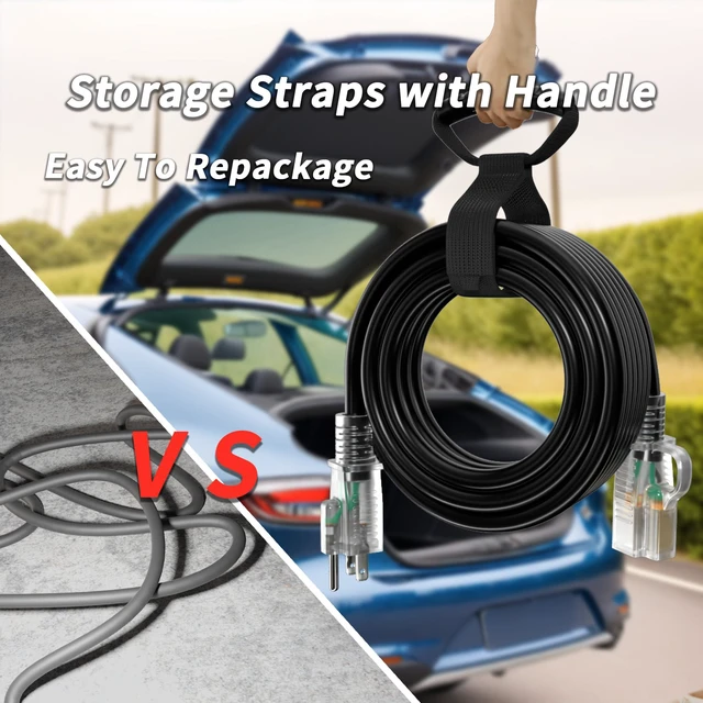 Alt view image 6 of 7 - 16/3 Gauge 150 FT Extension Cord Outdoor, Long Extension Cord Black Black Extension Cord Waterproof with Lighted Indicator, Long Extension Cord 150 Ft with Hook, 10A 1250W SJTW, ETL Listed