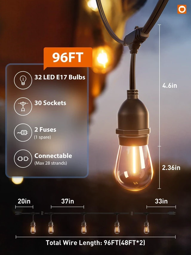 Alt view image 6 of 7 - LED Outdoor String Lights 96FT(48*2) Edison Vintage Weatherproof ETL Commercial Grade Strand with Shatterproof Bulbs, Decorative Hanging Lights for Patio Backyard Garden Cafe Bistro Deck