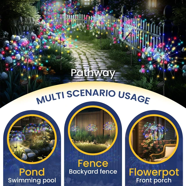 Alt view image 4 of 7 - 8 Pack Solar Firework Lights Outdoor, Garden Decor, Multicolored 120 LEDs, Fairy Design, Waterproof, Garden Decor, Solar Powered for Yard, Pathway, Flowerbed, Planter, Balcony, Gifts for Mom