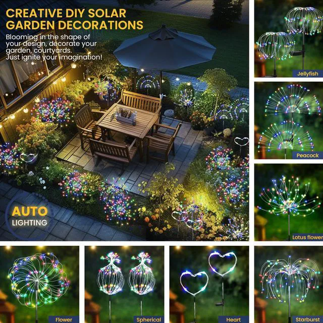 Alt view image 7 of 7 - 8 Pack Solar Firework Lights Outdoor, Garden Decor, Multicolored 120 LEDs, Fairy Design, Waterproof, Garden Decor, Solar Powered for Yard, Pathway, Flowerbed, Planter, Balcony, Gifts for Mom