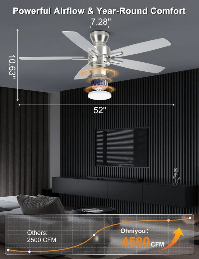 Alt view image 2 of 7 - 52'' Silver Low Profile Ceiling Fan with Lights, Remote/APP Control Flush Mount, Dimmable 3CCT LED, Quiet Reversible DC Motor; Memory Function, 4580 CFM, for Indoor Bedroom Living Room