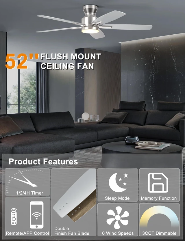 Alt view image 3 of 7 - 52'' Silver Low Profile Ceiling Fan with Lights, Remote/APP Control Flush Mount, Dimmable 3CCT LED, Quiet Reversible DC Motor; Memory Function, 4580 CFM, for Indoor Bedroom Living Room