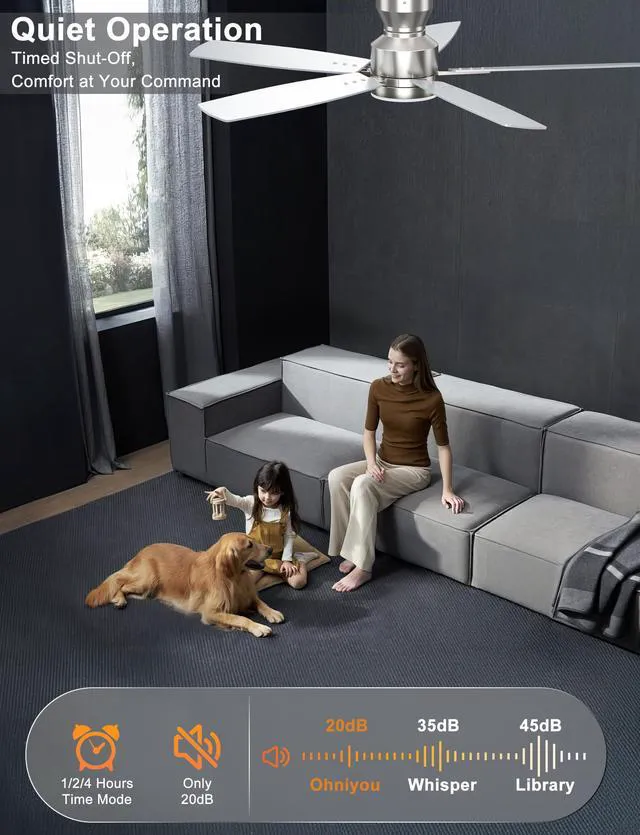 Alt view image 5 of 7 - 52'' Silver Low Profile Ceiling Fan with Lights, Remote/APP Control Flush Mount, Dimmable 3CCT LED, Quiet Reversible DC Motor; Memory Function, 4580 CFM, for Indoor Bedroom Living Room
