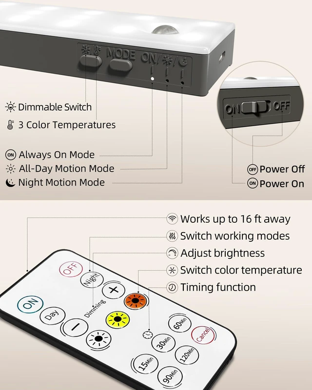 Alt view image 7 of 7 - 13inch Under Cabinet Lighting, 3200mAh Rechargeable Wireless Motion Sensor Lights, 96 LEDs, 3 Color Temps, Dimmable, Timer, Magnetic, with Remote for Kitchen (6 Pack)
