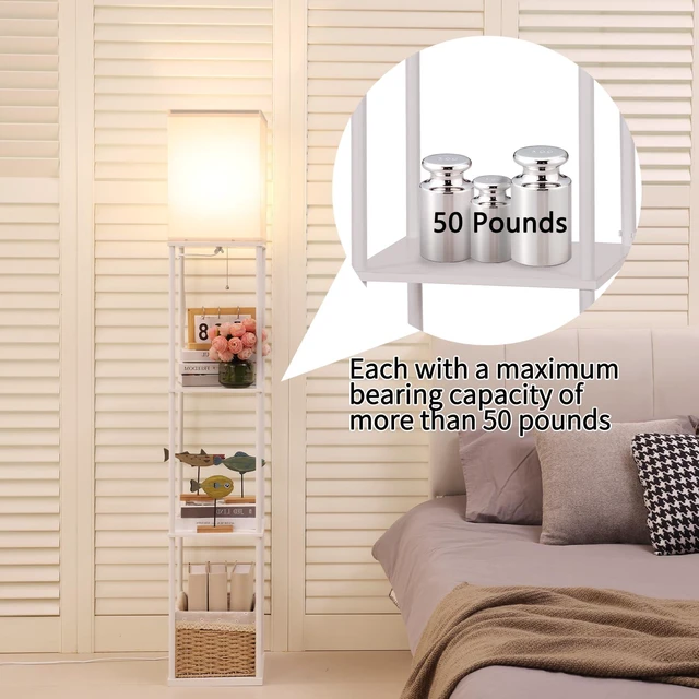 Alt view image 2 of 5 - Floor Lamp with Shelves, Modern Square Standing Lamp with 3 Color Temperature Bulb, Corner Display Bookshelf Lamp for Living Room, Bedroom and OfficeWhite