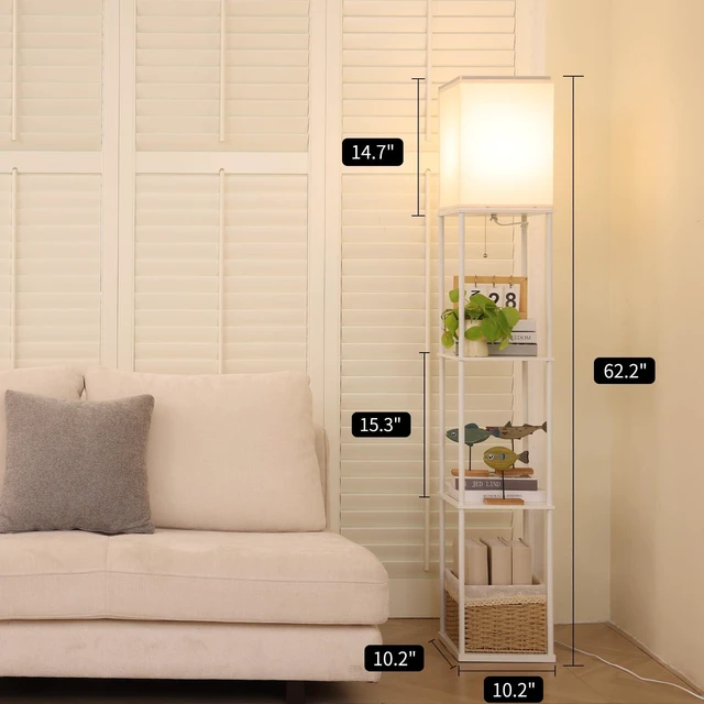 Alt view image 3 of 5 - Floor Lamp with Shelves, Modern Square Standing Lamp with 3 Color Temperature Bulb, Corner Display Bookshelf Lamp for Living Room, Bedroom and OfficeWhite