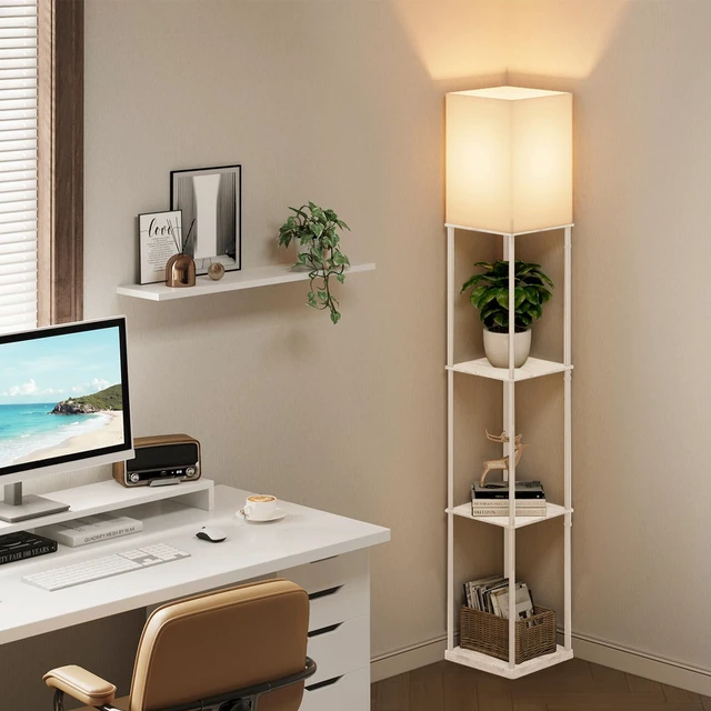 Alt view image 4 of 5 - Floor Lamp with Shelves, Modern Square Standing Lamp with 3 Color Temperature Bulb, Corner Display Bookshelf Lamp for Living Room, Bedroom and OfficeWhite