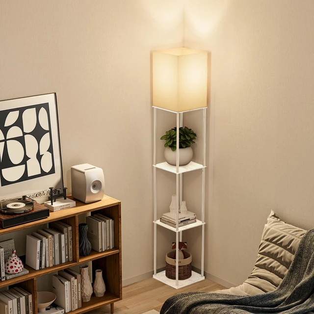 Alt view image 5 of 5 - Floor Lamp with Shelves, Modern Square Standing Lamp with 3 Color Temperature Bulb, Corner Display Bookshelf Lamp for Living Room, Bedroom and OfficeWhite