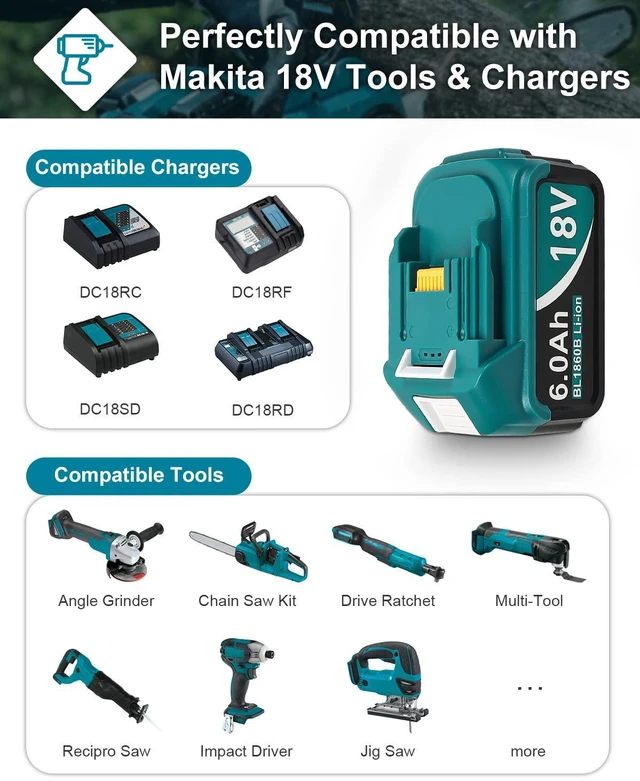 Alt view image 2 of 7 - 2Pack 18-Volt Replace for Makita 18V Battery BL1860B, Replacement Batteries Compatible with Makita BL1860 BL1820 1830B 1840B 1850B, Fit with Original makita 18V Battery Chargers