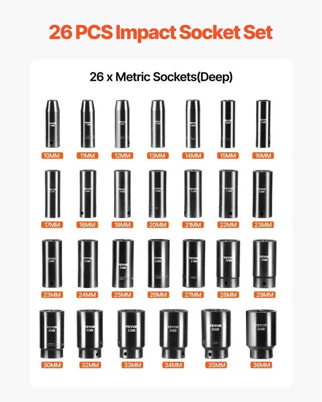 Alt view image 2 of 7 - Impact Socket Set, 26pcs x 1/2inch Metric 10mm-36mm Impact Sockets, 6-Point Deep Socket Rugged Construction High-torque, Cr-V 1/2 Inches Drive Socket Set Impact with a Storage Cage