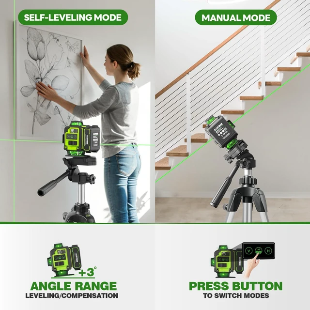 Alt view image 5 of 7 - Laser Level with Tripod, 4x360° Self Leveling Laser Level, Green Line Laser 4D Laser Leveler Tool with 2Pcs Lithium Batteries for Picture Hanging, Tile, Home Renovation, Indoor(Green)