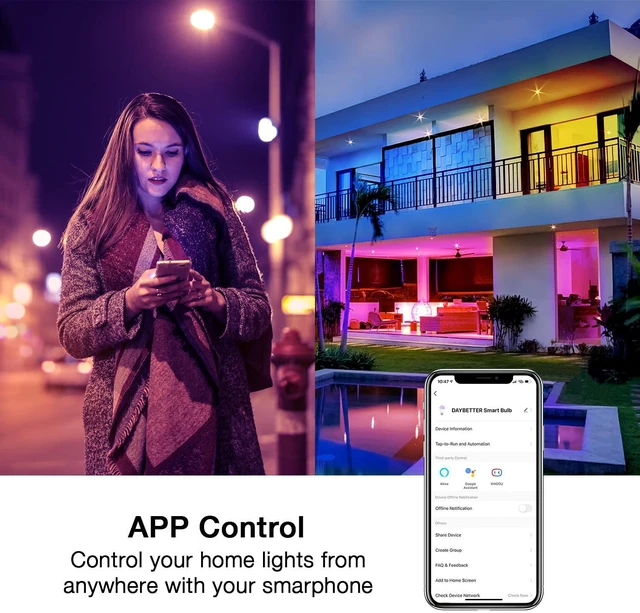 Alt view image 3 of 7 - Smart Light Bulbs,Alexa Light Bulb,WiFi Dimmable Light LED Bulb Smart Bulb that Work with Alexa,Google Assistant,Music Sync,RGBCW Color Changing Light Bulb,A19 E26 9W 800LM,2.4Ghz,12 Pack