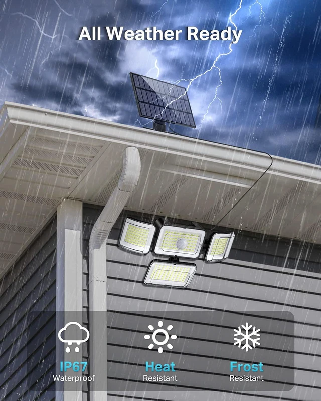 Alt view image 7 of 7 - Solar Outdoor Lights Motion Sensor 3500LM 288 LED Solar Security Lights with Remote Control IP67 Waterproof 4 Heads Flood Lights with 16.4ft Cable 4 Modes Wall Lights(4 Pack)