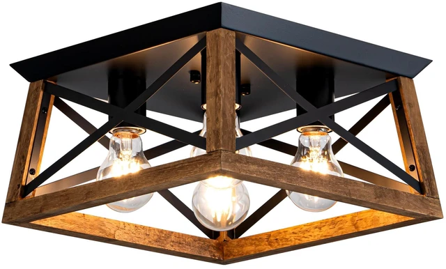 Main image of 4-Light Famrhouse Light Fixture, Rustic Ceiling Light with Wood and Metal Frame, Farmhouse Flush Mount Ceiling Light for Hallway, Entryway, Bedroom, Kitchen, Living Room