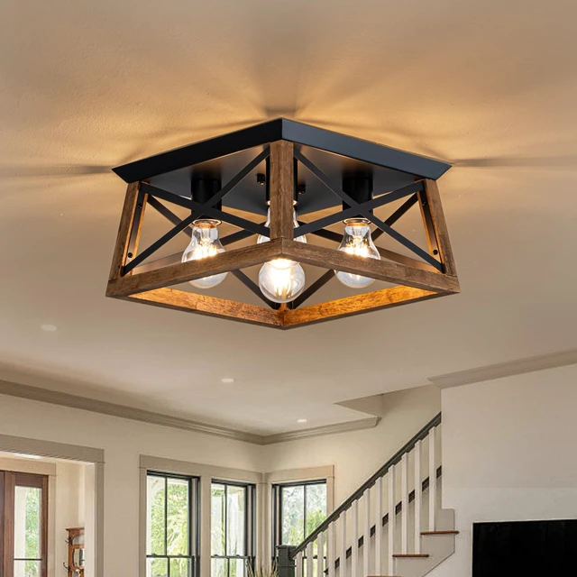 Alt view image 2 of 7 - 4-Light Famrhouse Light Fixture, Rustic Ceiling Light with Wood and Metal Frame, Farmhouse Flush Mount Ceiling Light for Hallway, Entryway, Bedroom, Kitchen, Living Room