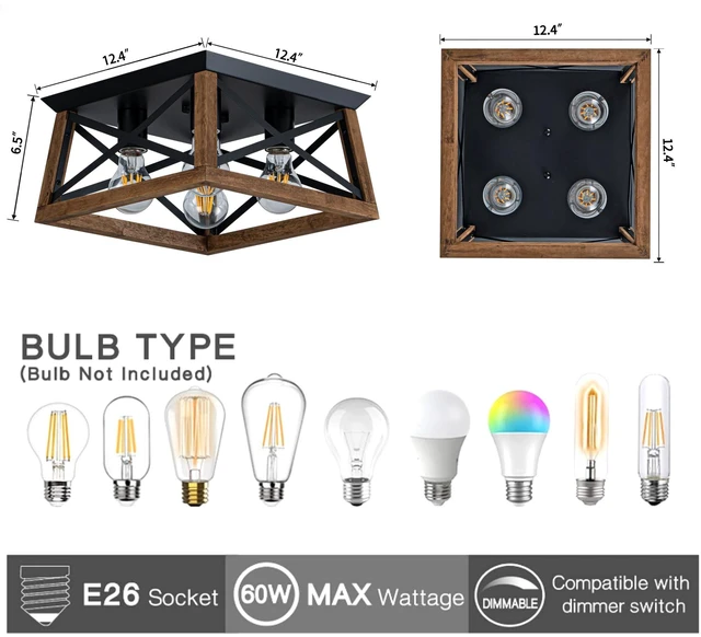 Alt view image 3 of 7 - 4-Light Famrhouse Light Fixture, Rustic Ceiling Light with Wood and Metal Frame, Farmhouse Flush Mount Ceiling Light for Hallway, Entryway, Bedroom, Kitchen, Living Room