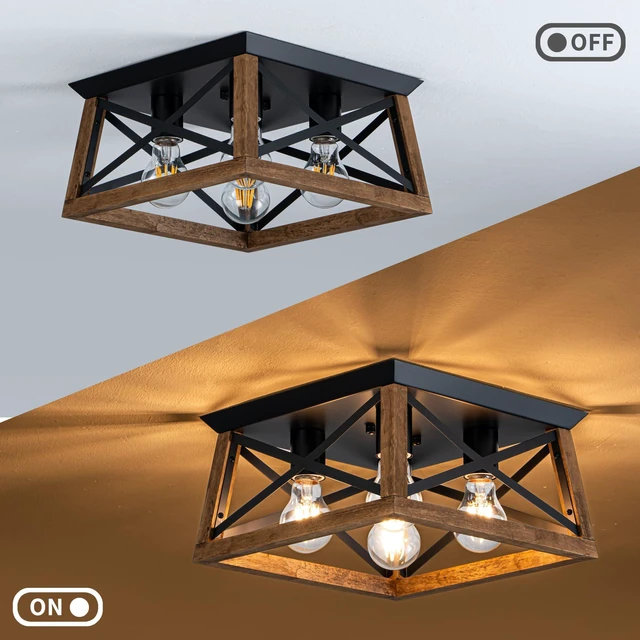 Alt view image 4 of 7 - 4-Light Famrhouse Light Fixture, Rustic Ceiling Light with Wood and Metal Frame, Farmhouse Flush Mount Ceiling Light for Hallway, Entryway, Bedroom, Kitchen, Living Room