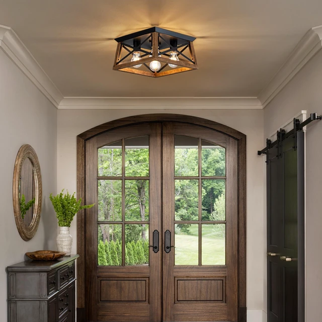 Alt view image 6 of 7 - 4-Light Famrhouse Light Fixture, Rustic Ceiling Light with Wood and Metal Frame, Farmhouse Flush Mount Ceiling Light for Hallway, Entryway, Bedroom, Kitchen, Living Room