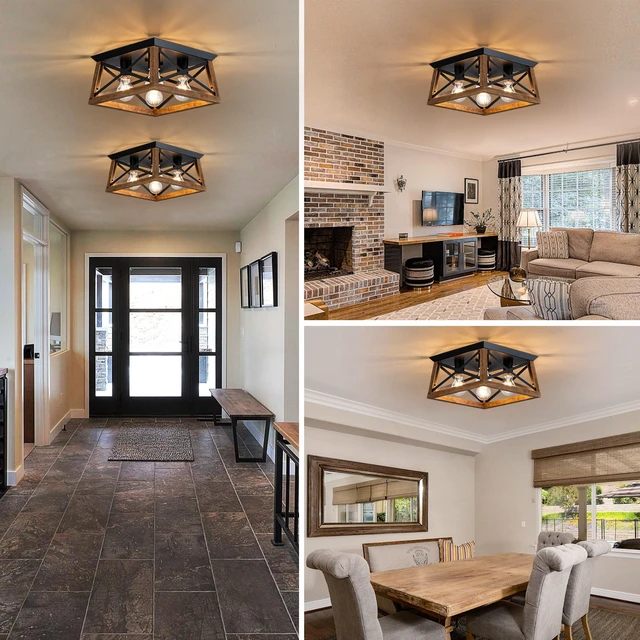 Alt view image 5 of 7 - 4-Light Famrhouse Light Fixture, Rustic Ceiling Light with Wood and Metal Frame, Farmhouse Flush Mount Ceiling Light for Hallway, Entryway, Bedroom, Kitchen, Living Room