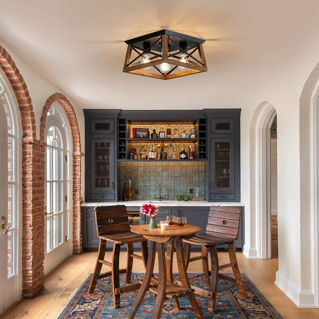 Alt view image 7 of 7 - 4-Light Famrhouse Light Fixture, Rustic Ceiling Light with Wood and Metal Frame, Farmhouse Flush Mount Ceiling Light for Hallway, Entryway, Bedroom, Kitchen, Living Room