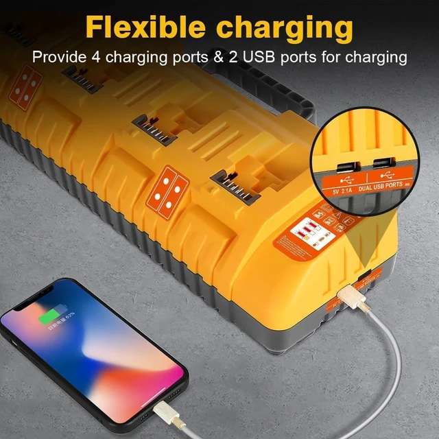 Alt view image 3 of 7 - DCB104 20V MAX Battery Charger Replacement for Battery Charger, 4 Port Multi Charger Station with 2 USB Ports, Compatible with Dewalt 12V-20V Batteries